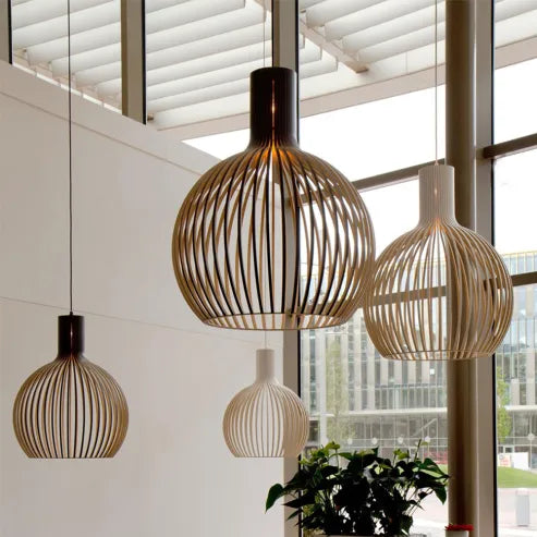 Severská drevená lampa s vtáčou klietkou, japonská kreatívna drevená závesná lampa