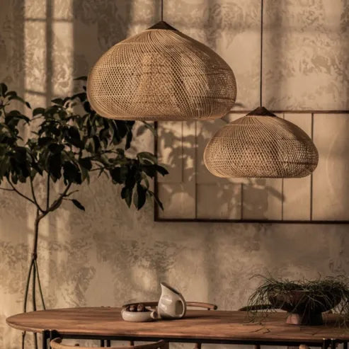 Japandi - osvetlenie v štýle wabi-sabi, ľahká bubnová lampa so závesným tienidlom