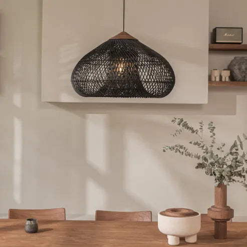 Japandi - osvetlenie v štýle wabi-sabi, ľahká bubnová lampa so závesným tienidlom
