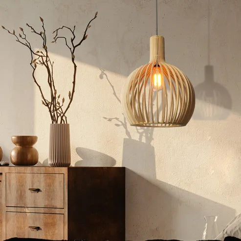 Severská drevená lampa s vtáčou klietkou, japonská kreatívna drevená závesná lampa
