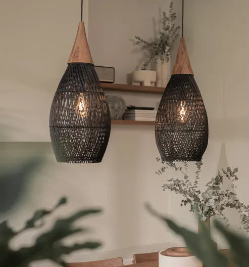Japandi - osvetlenie v štýle wabi-sabi, ľahká bubnová lampa so závesným tienidlom