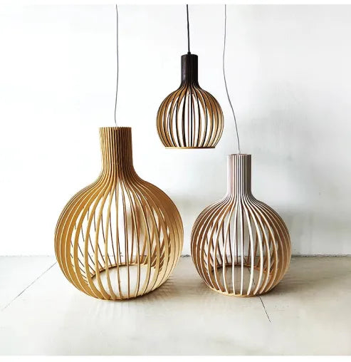 Severská drevená lampa s vtáčou klietkou, japonská kreatívna drevená závesná lampa