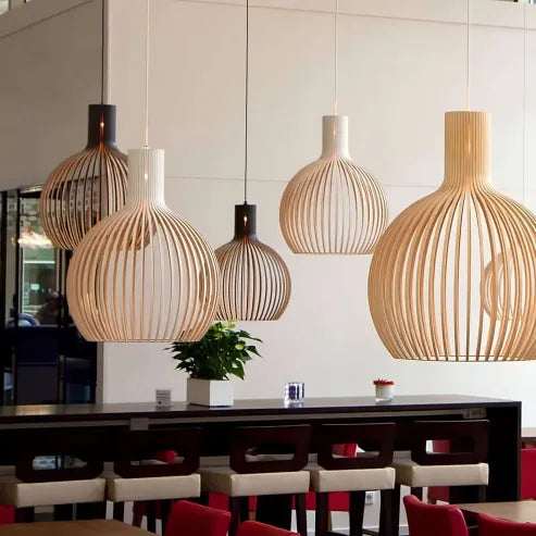 Severská drevená lampa s vtáčou klietkou, japonská kreatívna drevená závesná lampa