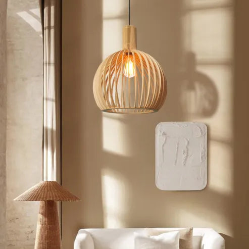 Severská drevená lampa s vtáčou klietkou, japonská kreatívna drevená závesná lampa